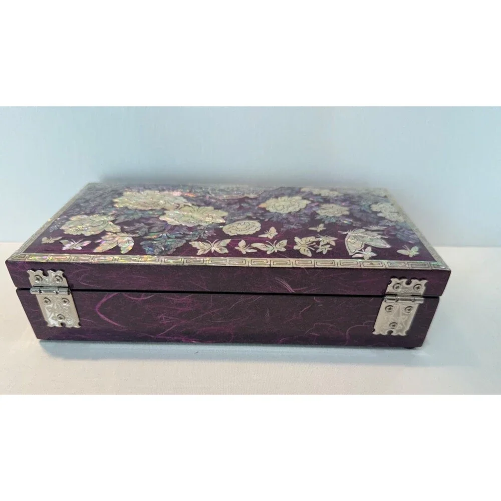 Handmade Korean Mother of Pearl Peony Jewelry Box Wooden Mirror Case Purple